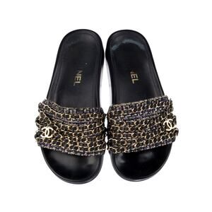 Chanel Black Leather 2016 Interlocking CC Logo Slides 36 sz